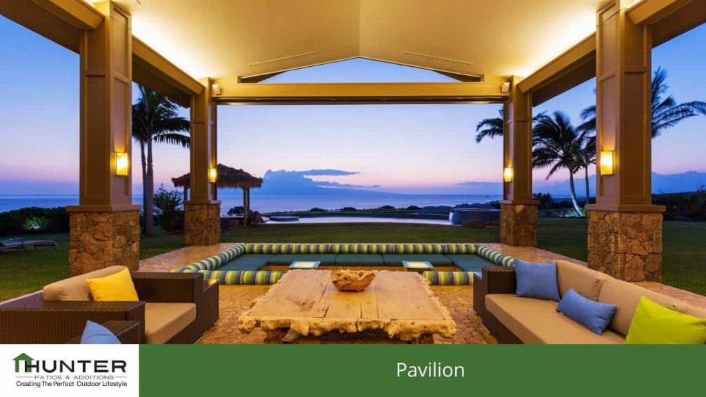 Pavilion Oceanview pavilion with seating at sunset
