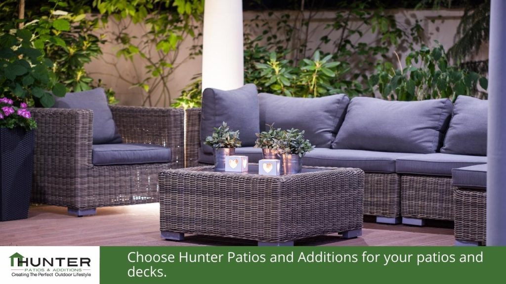 Choose Hunter Patios and Additions for your patios and decks. A photo of a outdoor couch suite on a deck.
