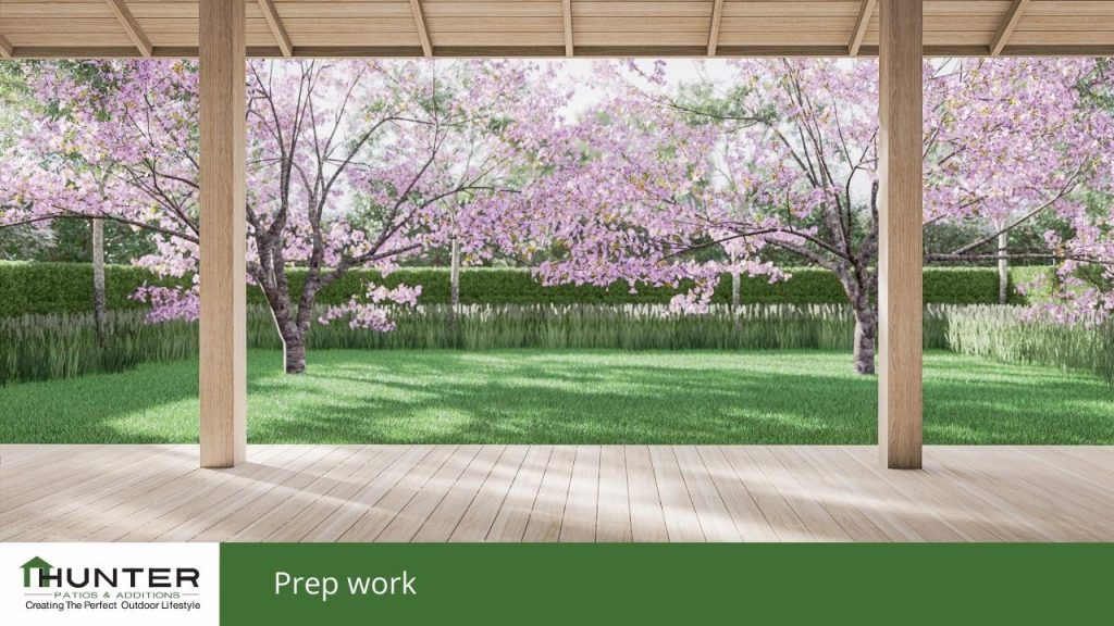 Prep work Prep work - Photo of a backyard from the few of a wooden deck.