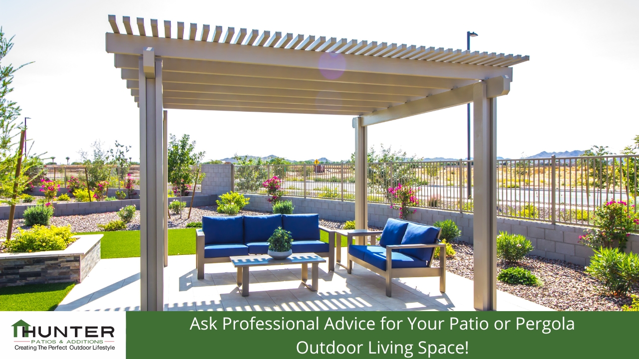 Outdoor patio pergola with modern furniture set