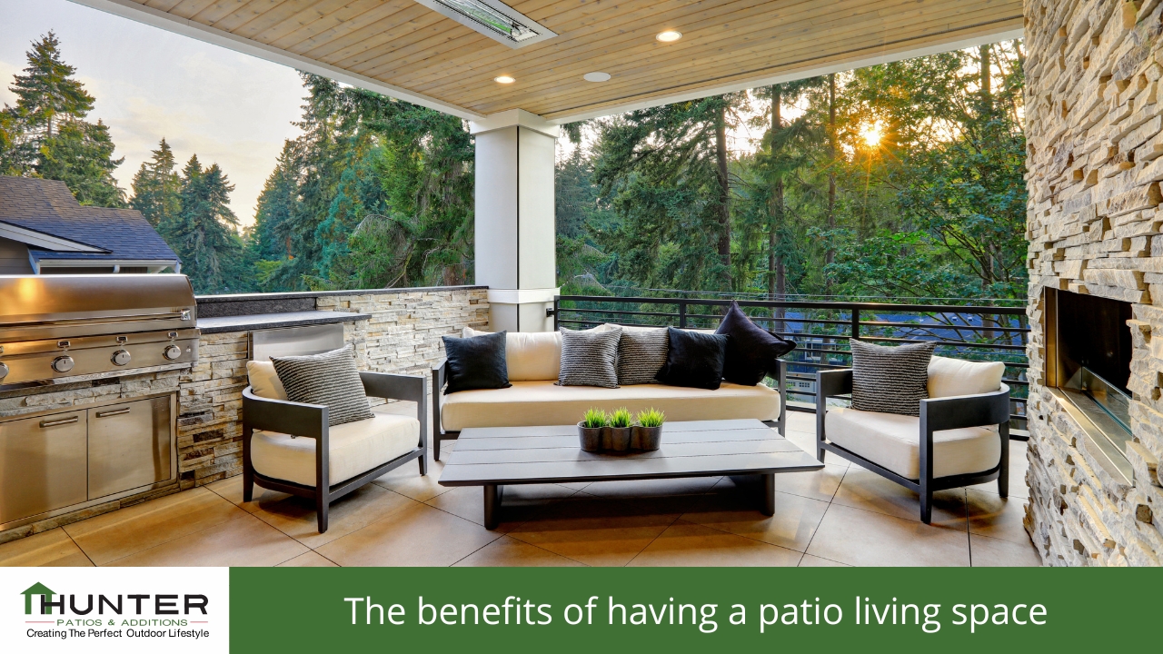 Modern patio with seating and outdoor grill
