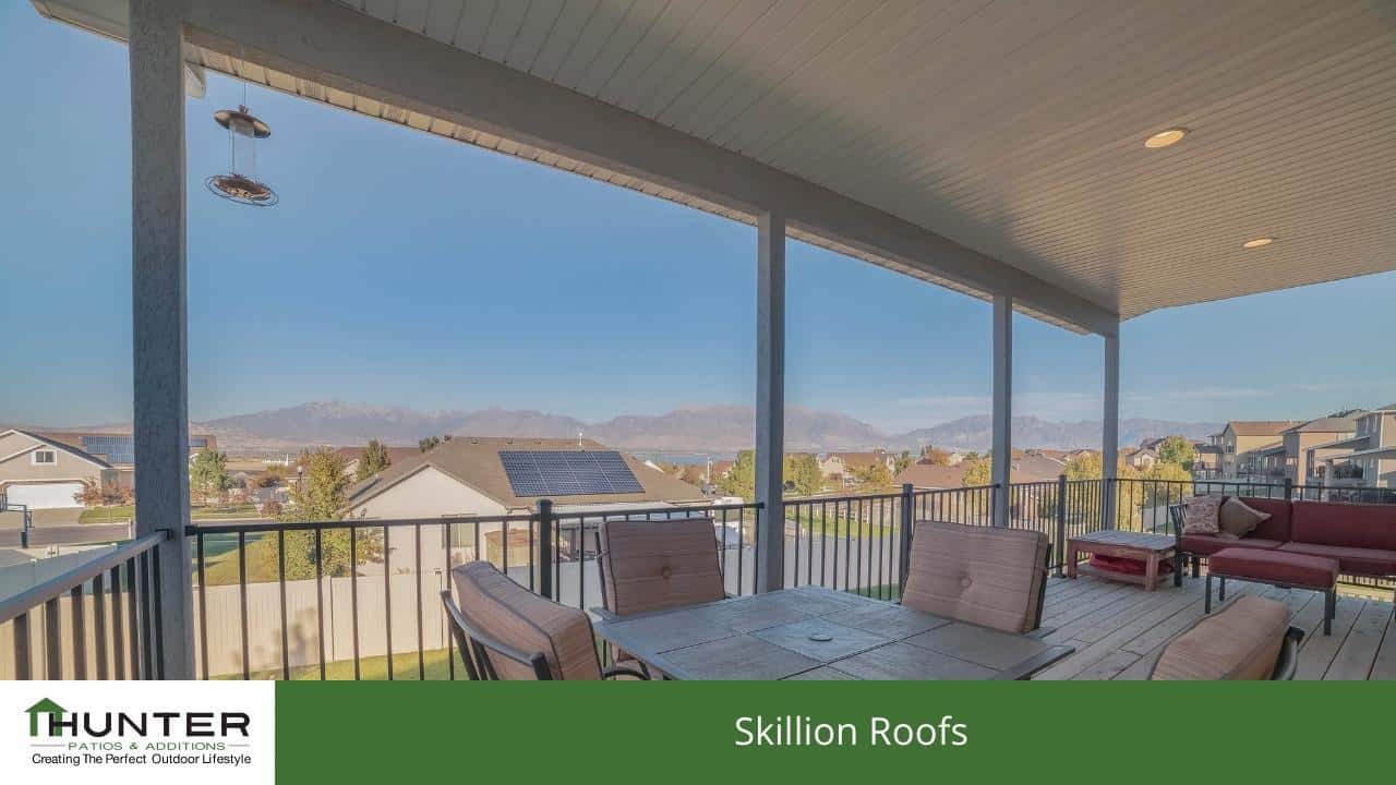 Modern patio with mountain view and skillion roof