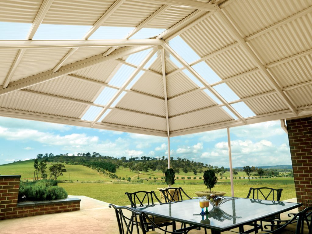 Outdoor patio with pergola and countryside view