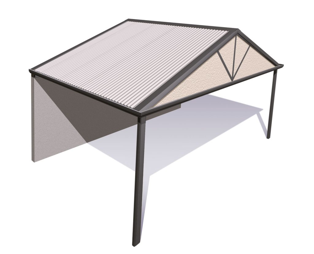 3D model of a metal-roofed carport design.