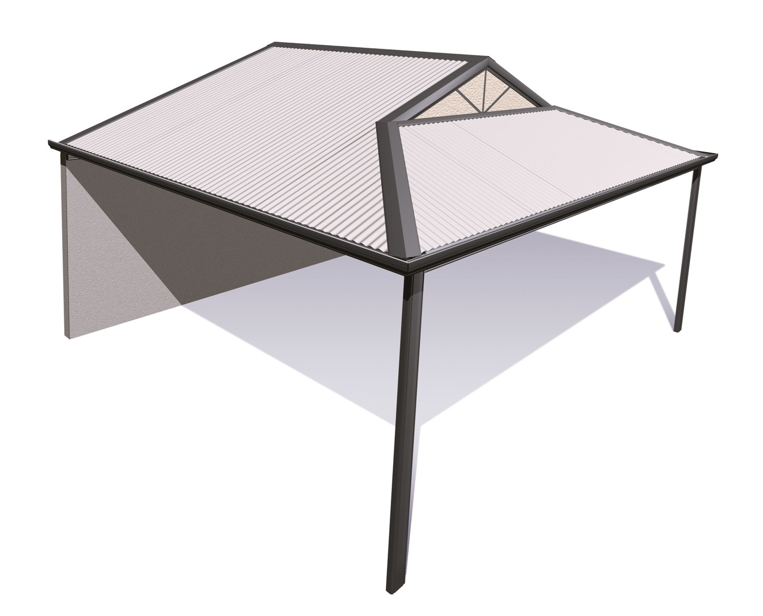 3D model of a backyard steel patio shelter.