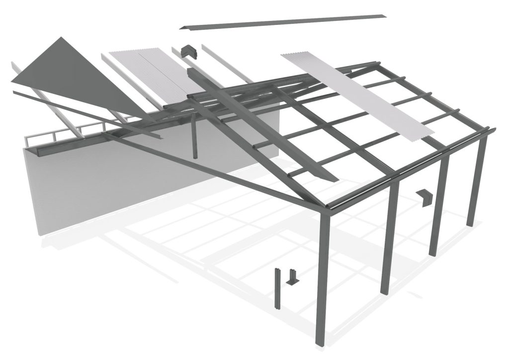 Exploded view of metal roof structure.
