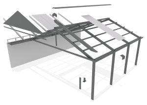 Exploded view of metal roof structure.