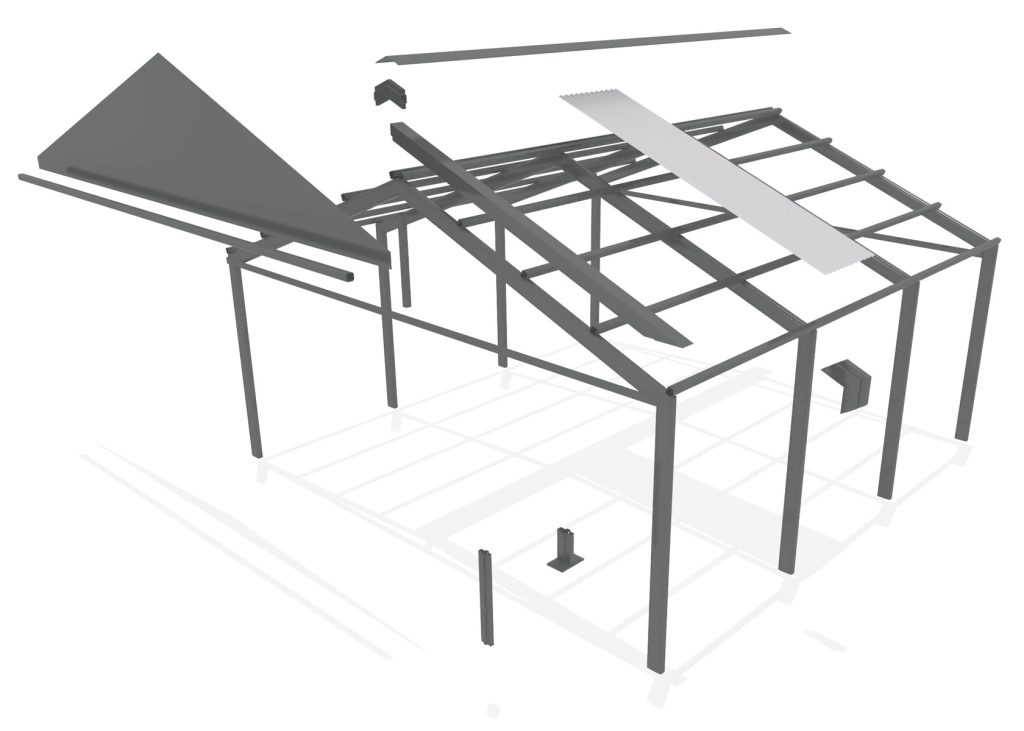 Exploded view of metal structure assembly.