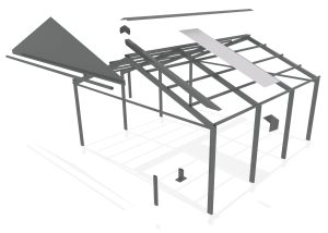 Exploded view of metal structure assembly.