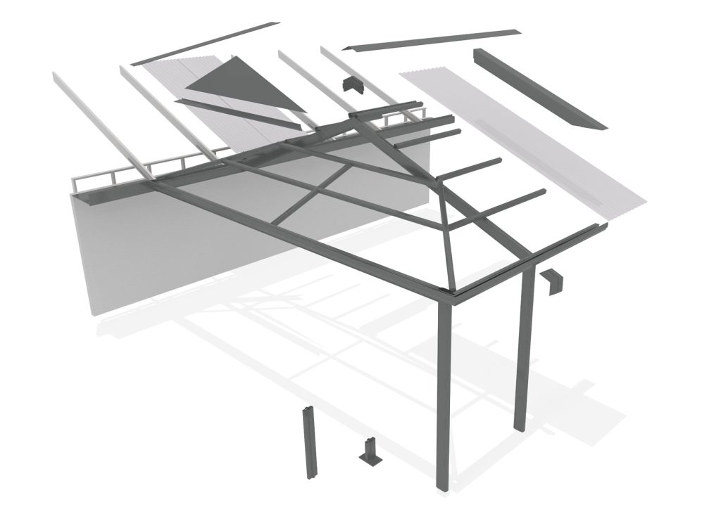 Exploded view of a metal structure with roof panels.