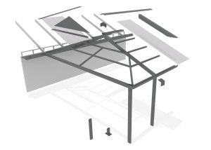 Exploded view of a metal structure with roof panels.