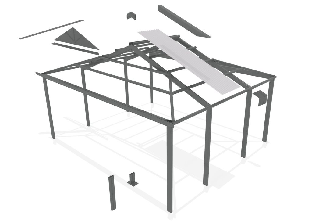 3D metal frame assembly with roof components