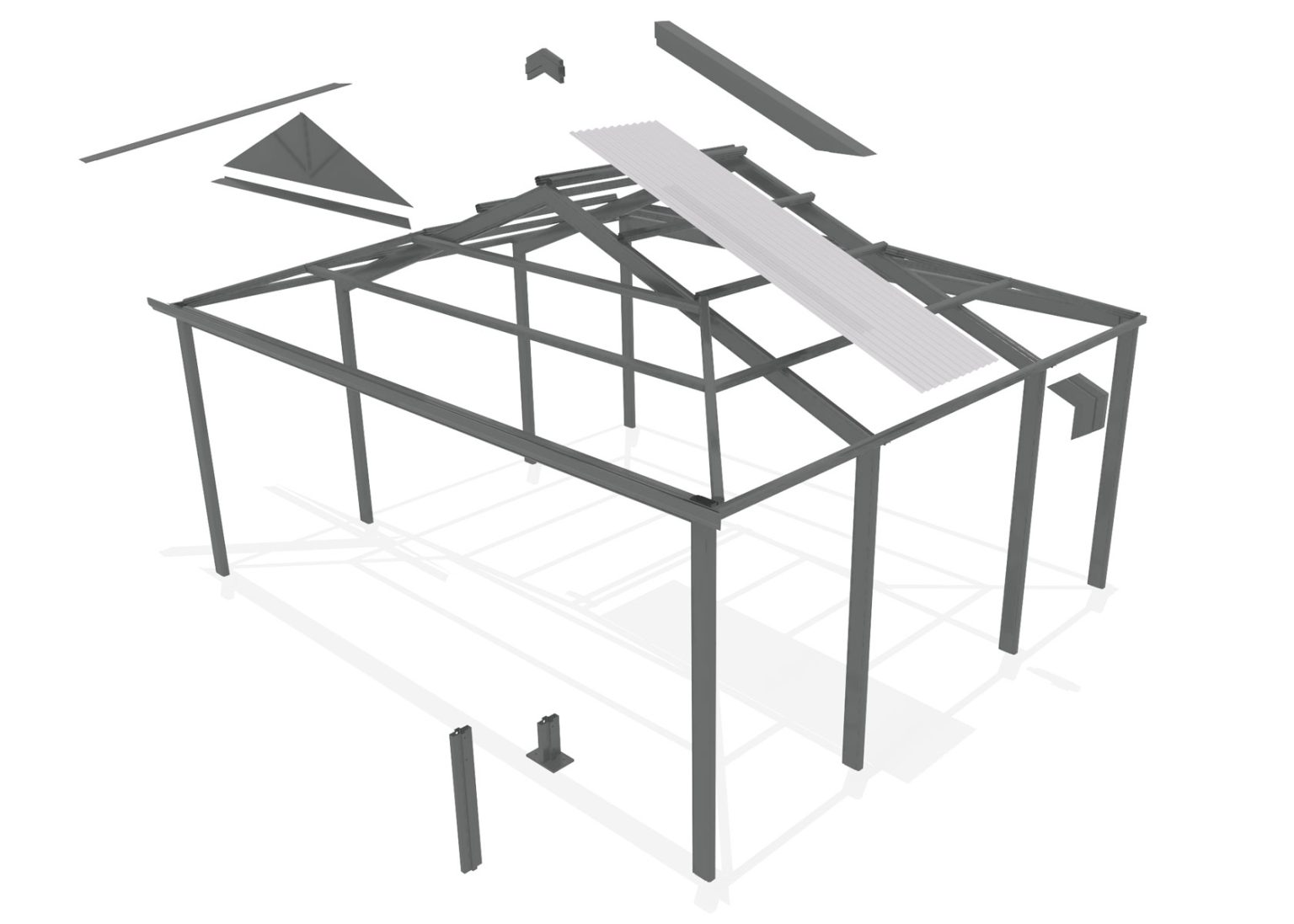 3D metal frame assembly with roof components