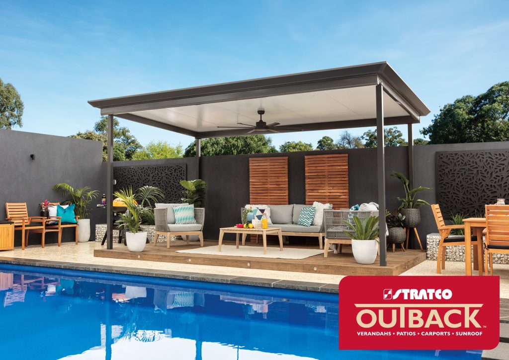 Outdoor patio with pool and pergola