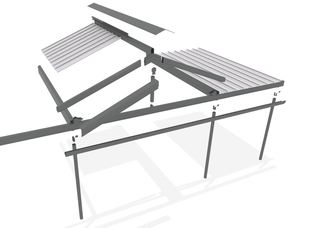 3D metal roof frame structure design diagram.