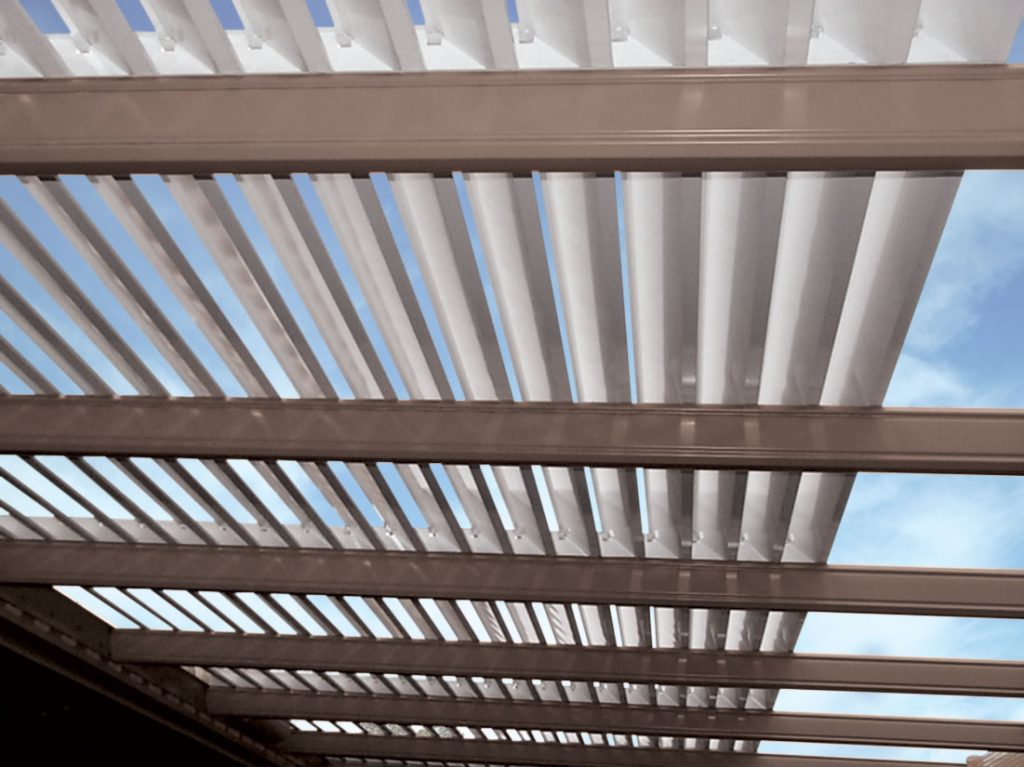 Louvered pergola roof with open slats view.