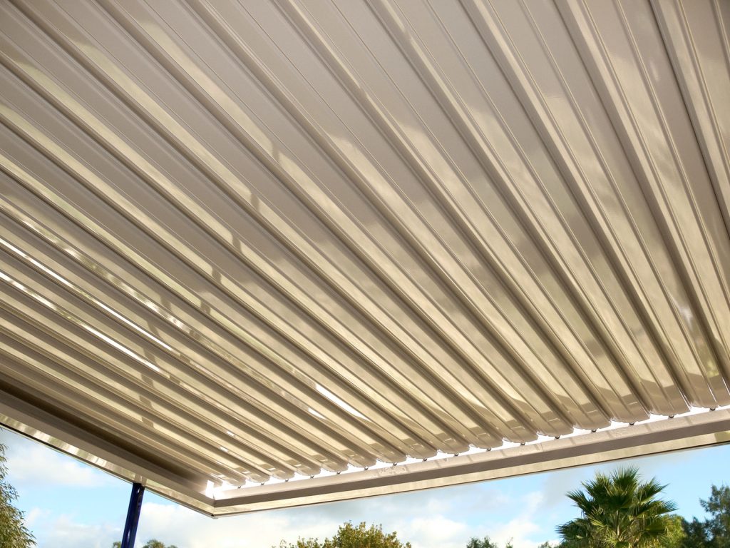 Aluminum louvered pergola with sky view