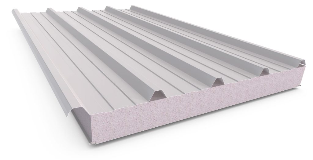 Insulated metal roofing panel, side view.