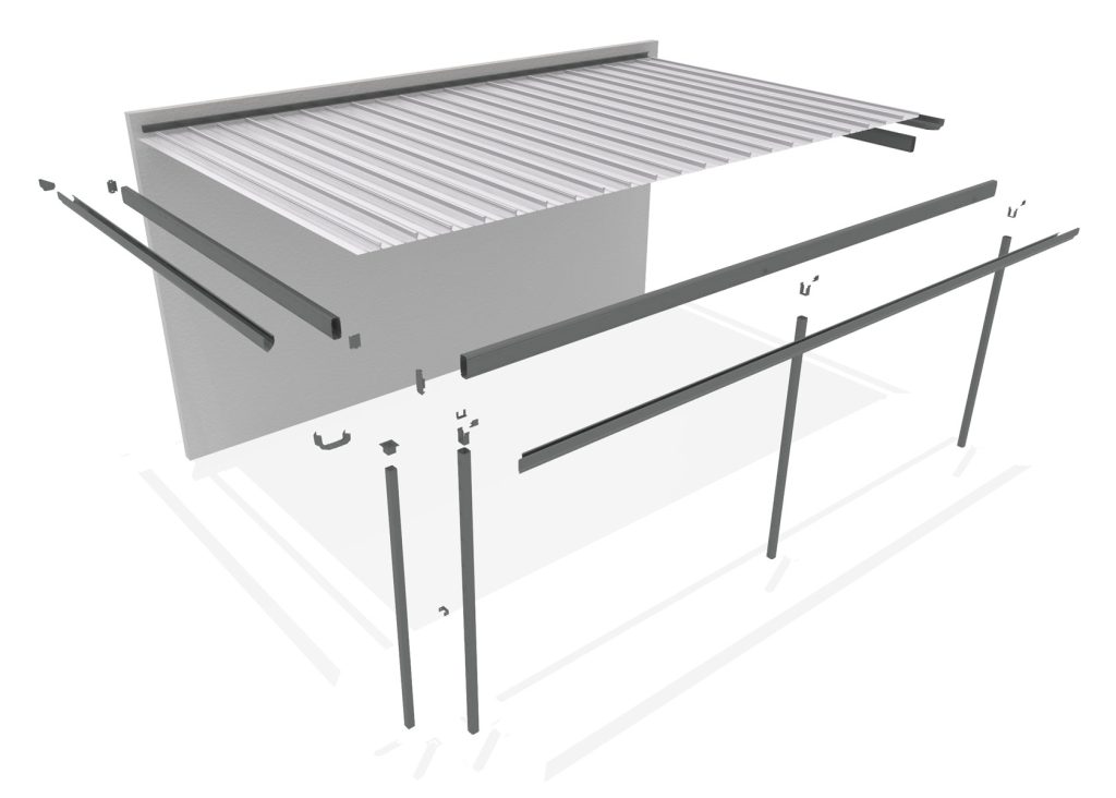 Exploded view of a metal carport assembly.