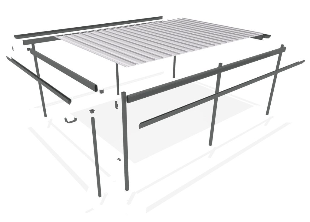 Exploded view of a metal carport framework