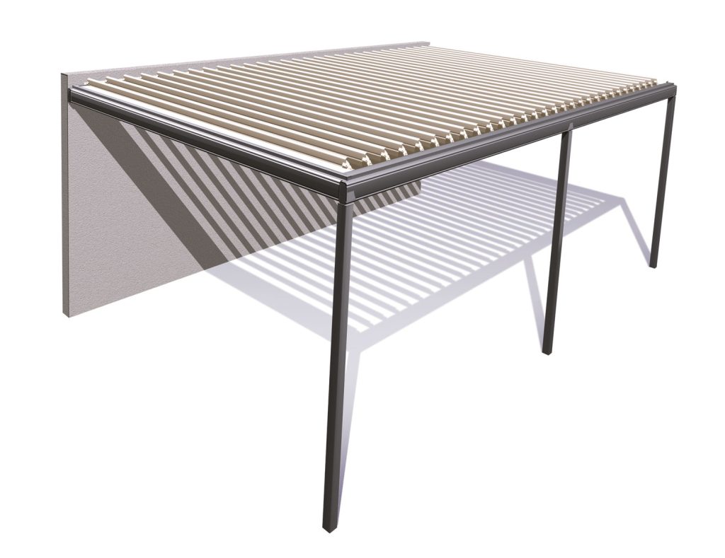 Modern pergola with adjustable slats and steel frame.
