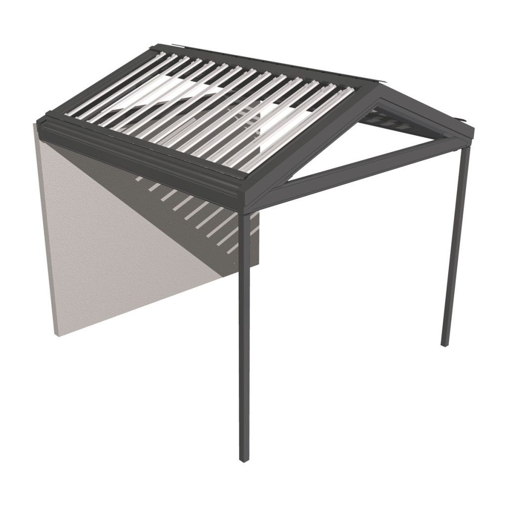 Metal gazebo with slatted roof and wall support.