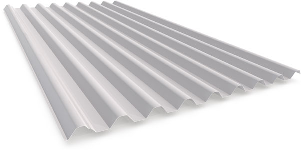Corrugated metal roofing sheet, angled view.
