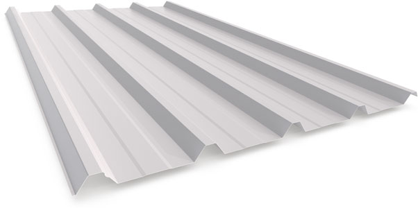 Corrugated metal roofing sheet, white color.