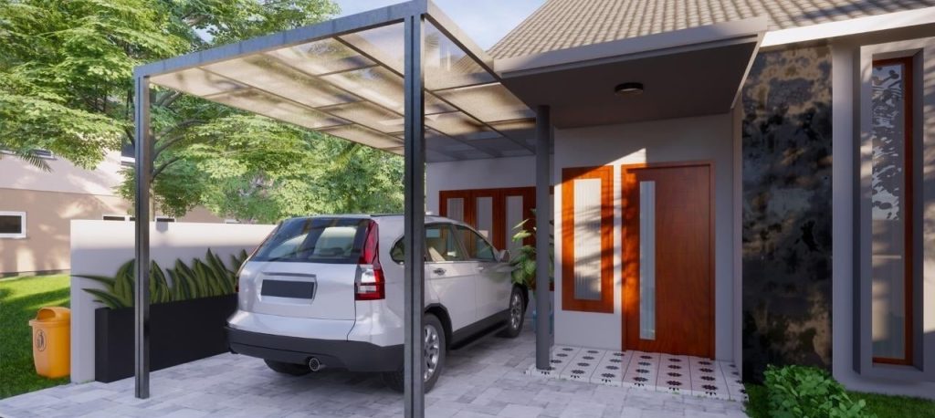 Graphic of a car under a carport built off a home.