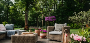 Outdoor seating area with plants and trees.